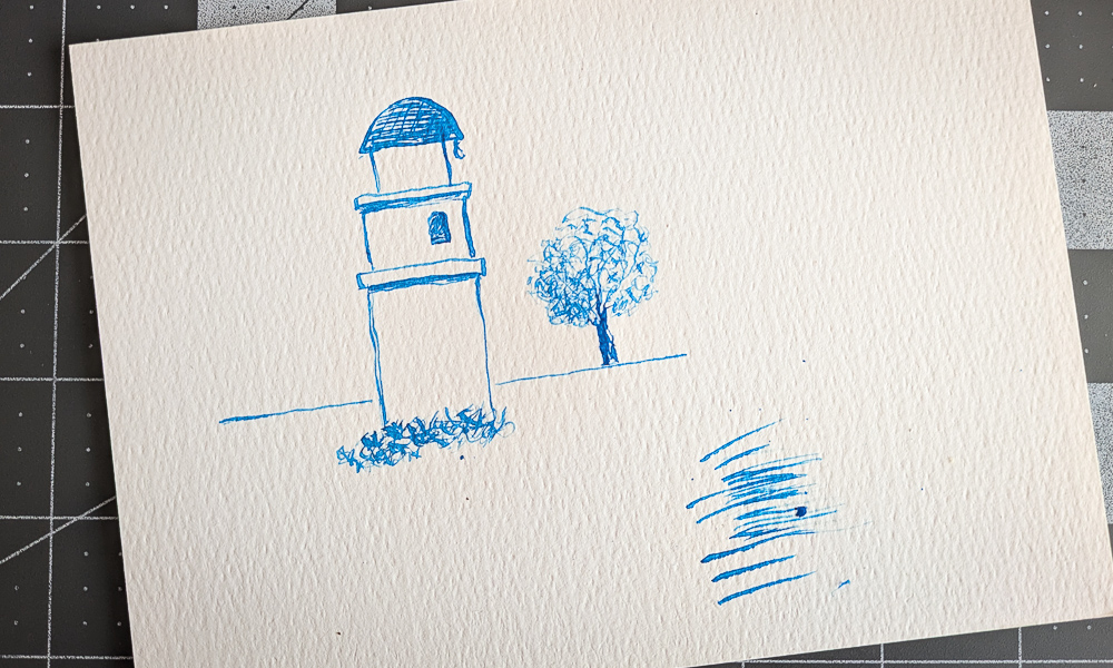 Imaginary tower and tree in blue ink
